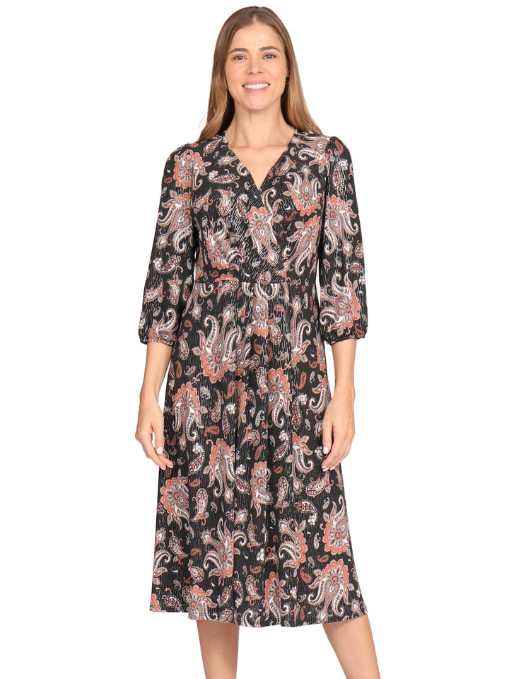 Vestido Cuello V,  Manga 3/4, Estampado