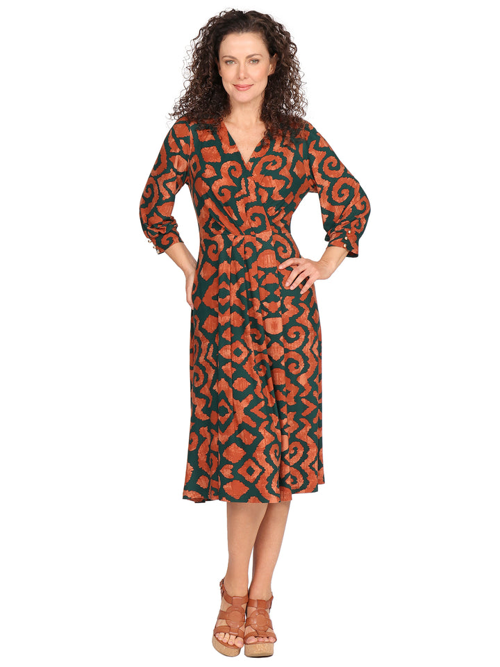 Vestido Cuello V Cruzado,  Manga 3/4, Estampado