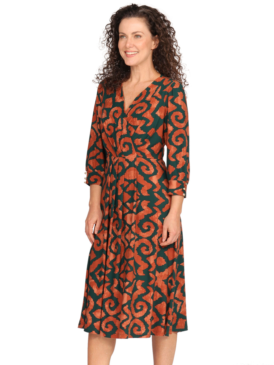 Vestido Cuello V Cruzado,  Manga 3/4, Estampado