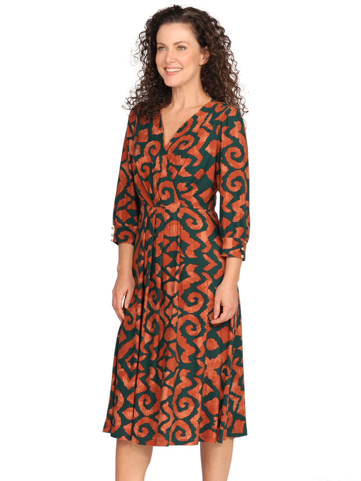 Vestido Cuello V Cruzado,  Manga 3/4, Estampado
