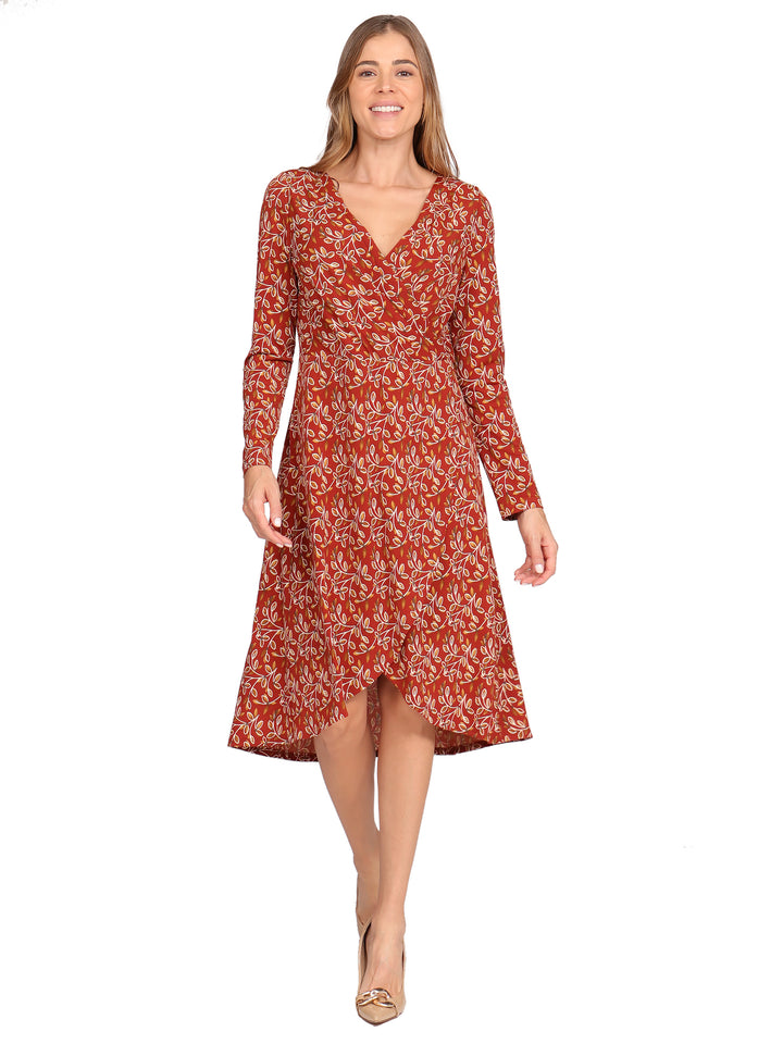 Vestido Cuello V Cruzado,  Manga 3/4, Estampado,Diseño Asimetrico
