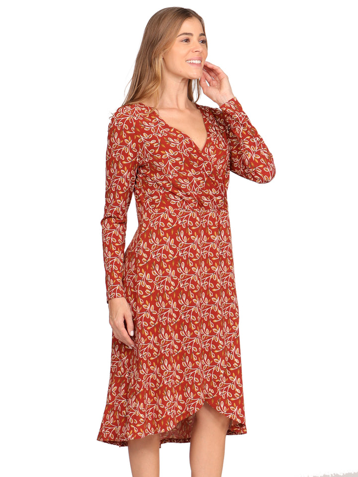 Vestido Cuello V Cruzado,  Manga 3/4, Estampado,Diseño Asimetrico