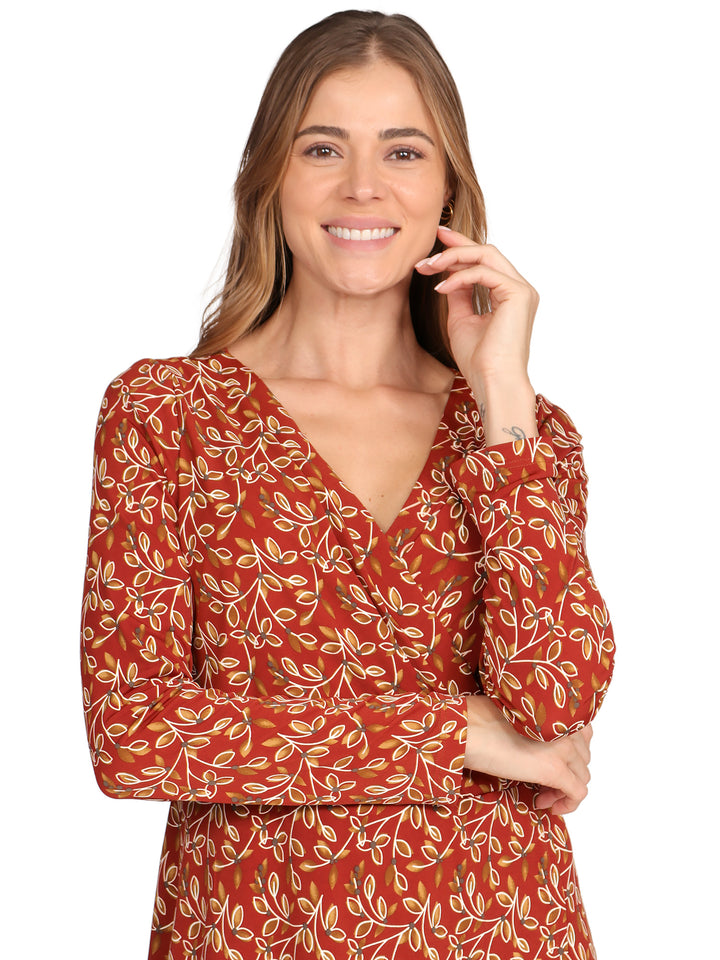 Vestido Cuello V Cruzado,  Manga 3/4, Estampado,Diseño Asimetrico