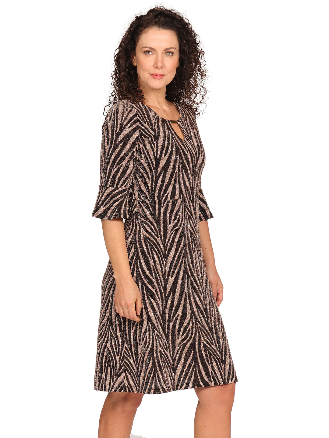 Vestido  Cuello Redondo con Aplicación,  Manga 3/4 Olán, Brillos