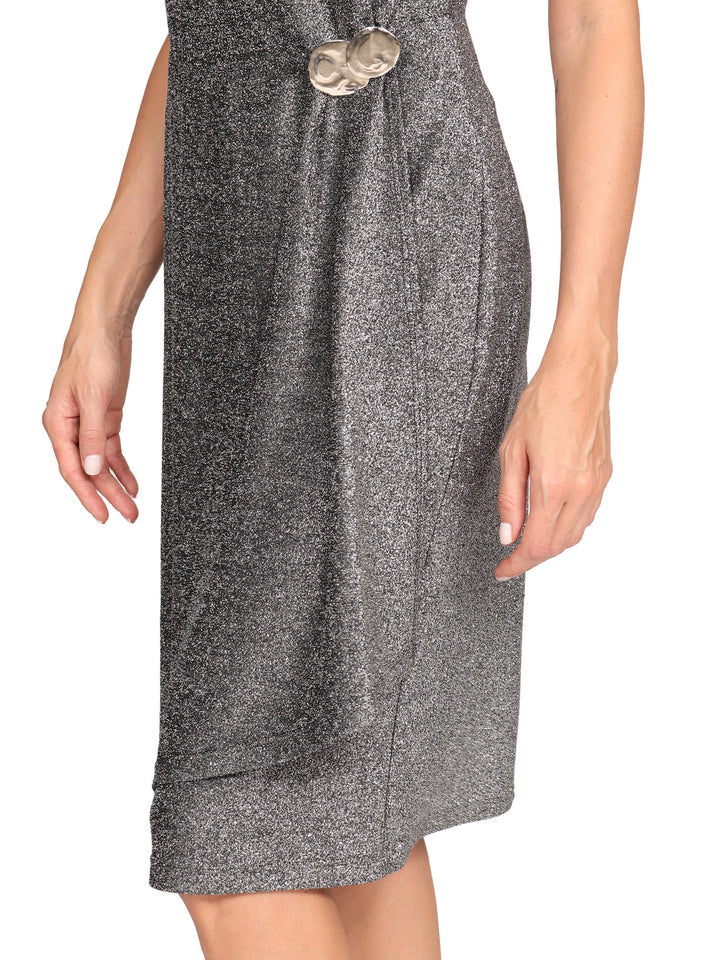 Vestido  Cuello Redondo,   Sin Manga, Recto, Estampado en Brillos, Aplicación en la Cintura