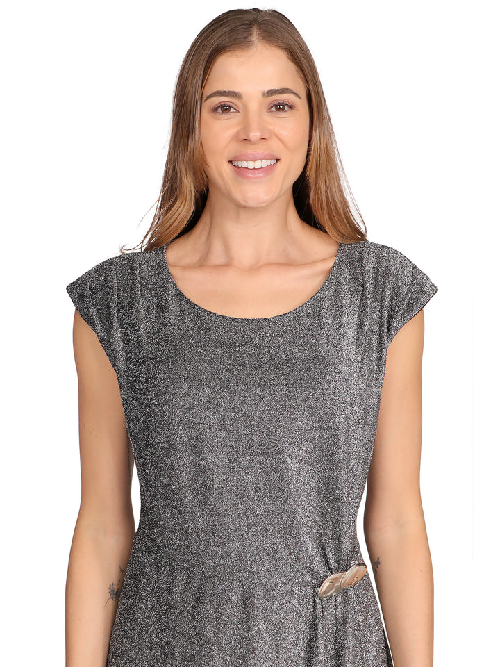 Vestido  Cuello Redondo,   Sin Manga, Recto, Estampado en Brillos, Aplicación en la Cintura