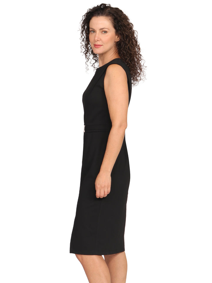 Vestido  Cuello Redondo,  Sin Manga, Recto, con Aplicación en la Cintura
