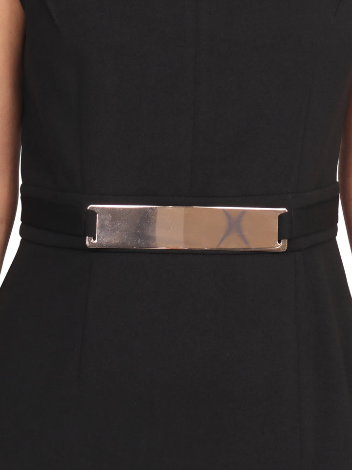 Vestido  Cuello Redondo,  Sin Manga, Recto, con Aplicación en la Cintura