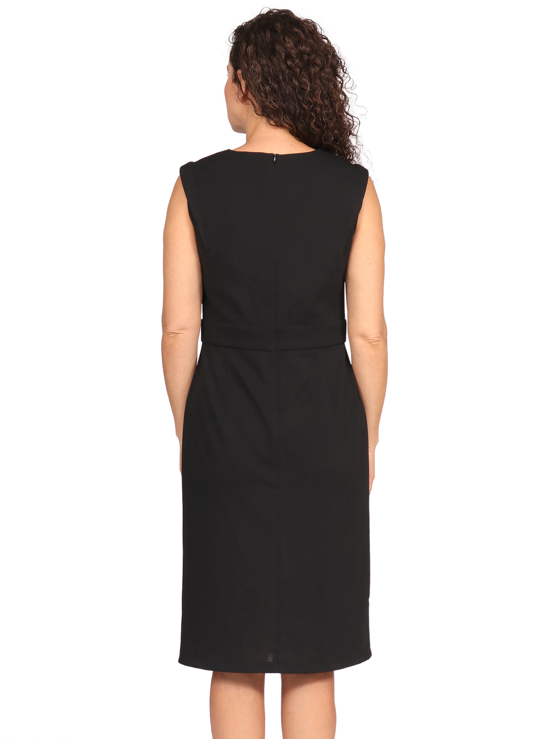 Vestido  Cuello Redondo,  Sin Manga, Recto, con Aplicación en la Cintura