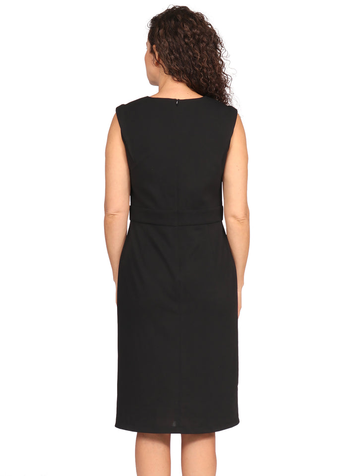 Vestido  Cuello Redondo,  Sin Manga, Recto, con Aplicación en la Cintura