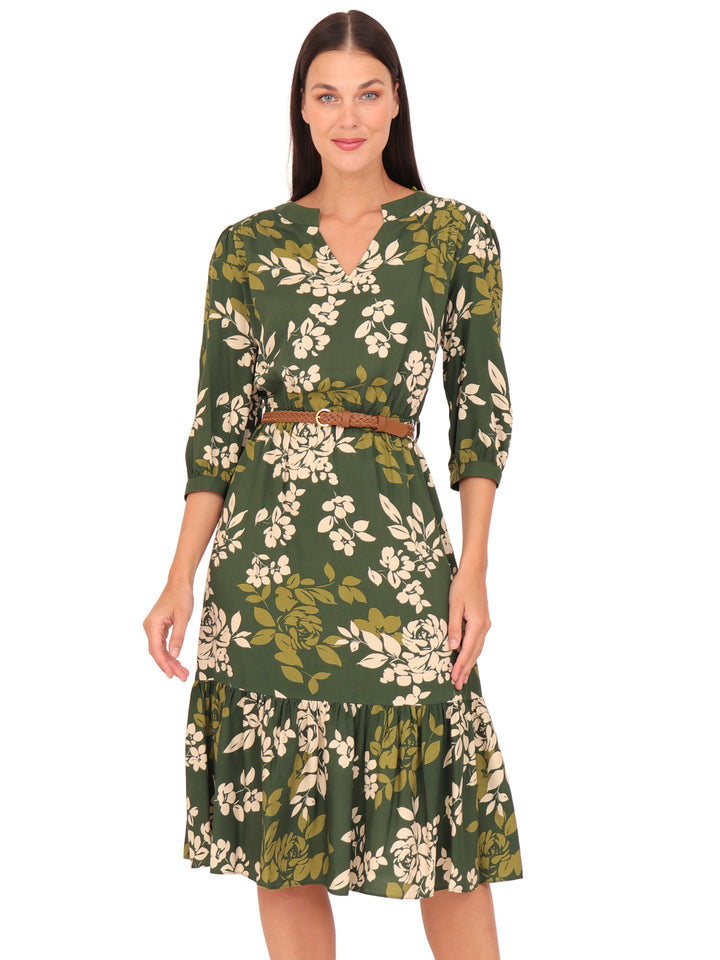 Vestido Cuello V, Manga 3/4, Largo, Estampado