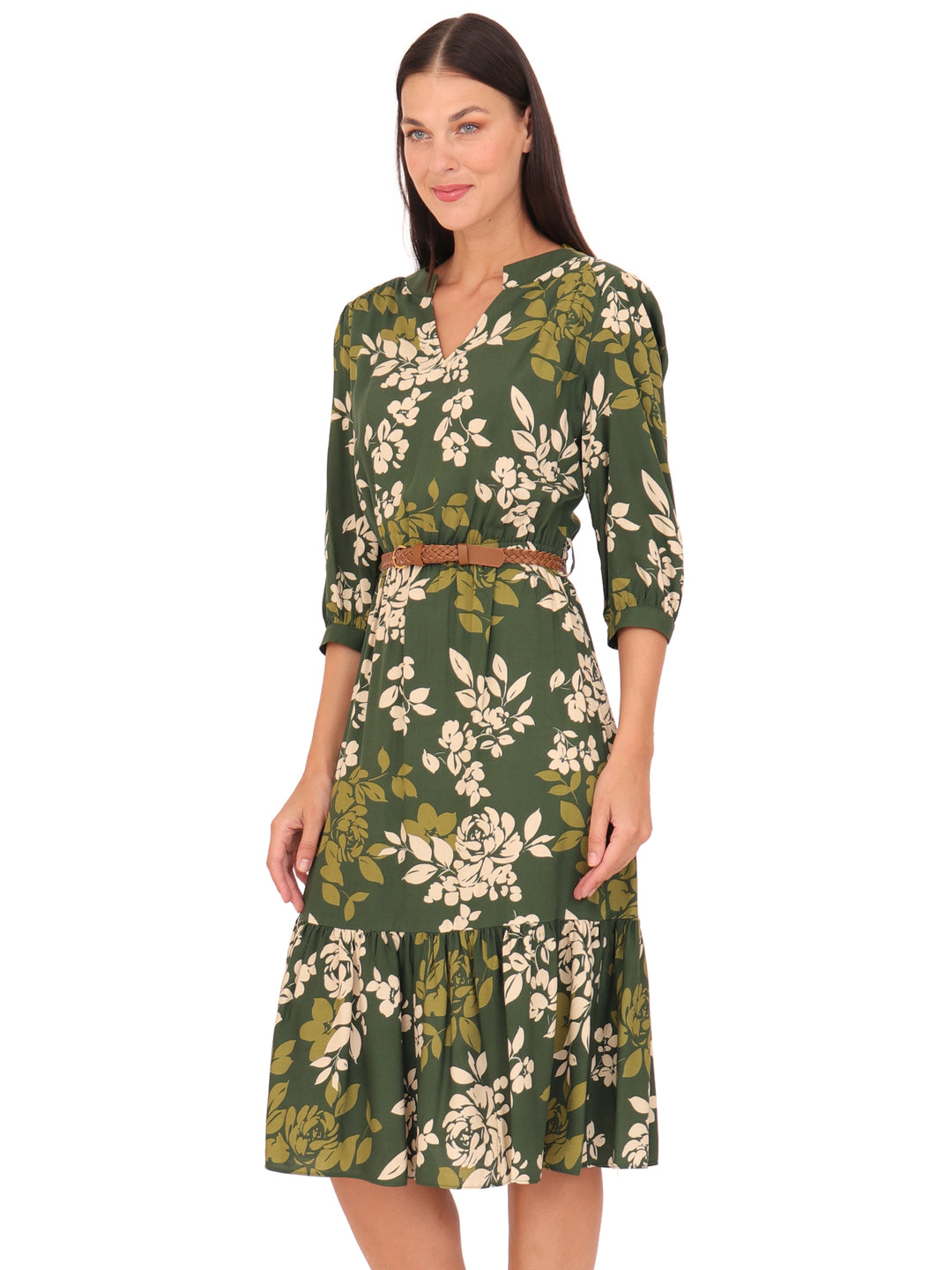 Vestido Cuello V, Manga 3/4, Largo, Estampado