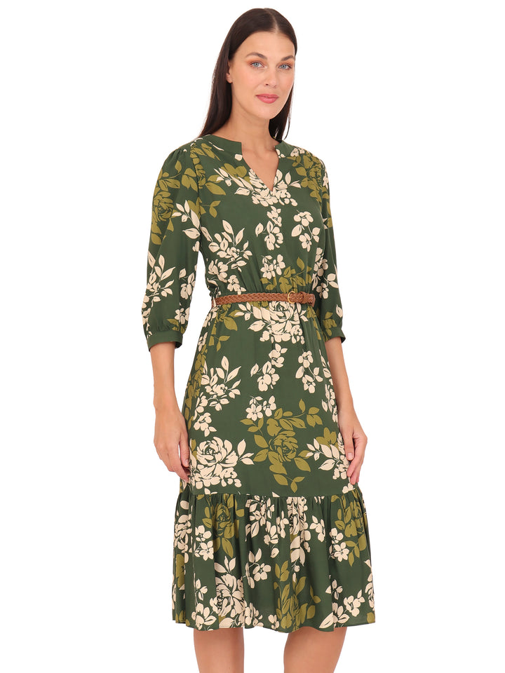 Vestido Cuello V, Manga 3/4, Largo, Estampado