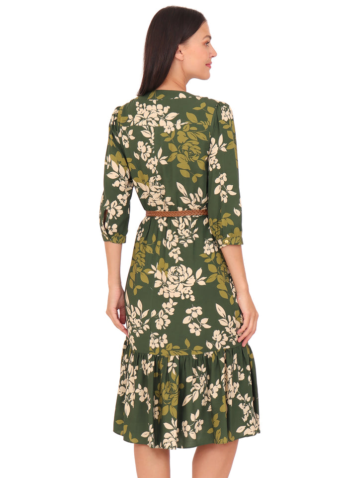 Vestido Cuello V, Manga 3/4, Largo, Estampado