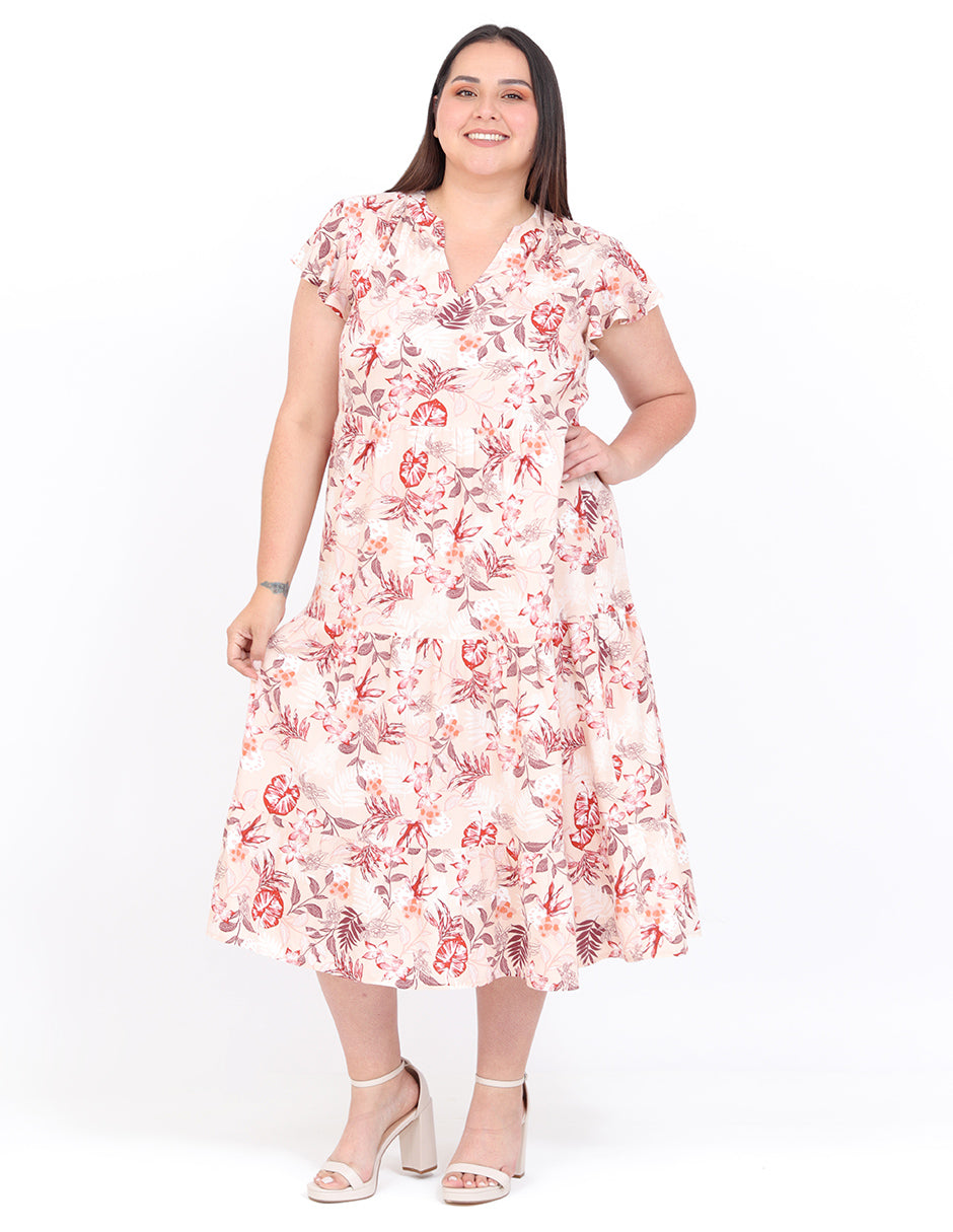 Vestido Curvy Carilo, Cuello en V,  Manga Corta