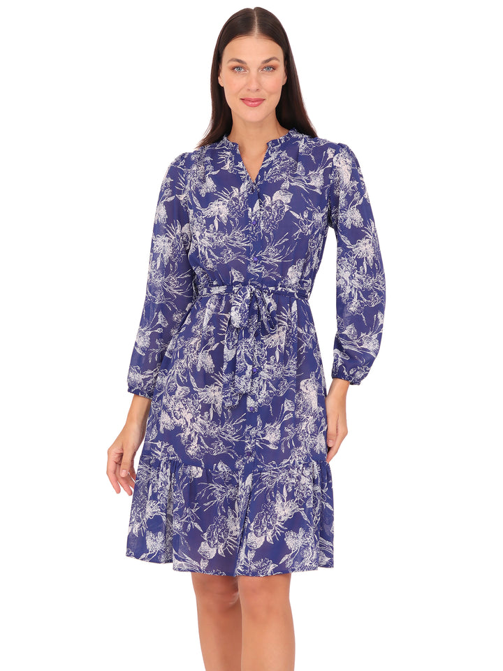 Vestido Cuello Redondo con Amarre, Manga Larga, Estampado