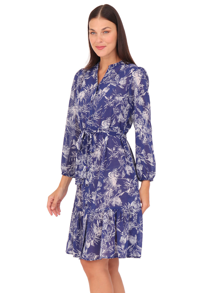 Vestido Cuello Redondo con Amarre, Manga Larga, Estampado