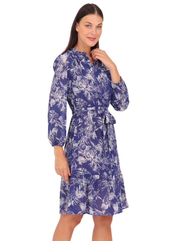 Vestido Cuello Redondo con Amarre, Manga Larga, Estampado