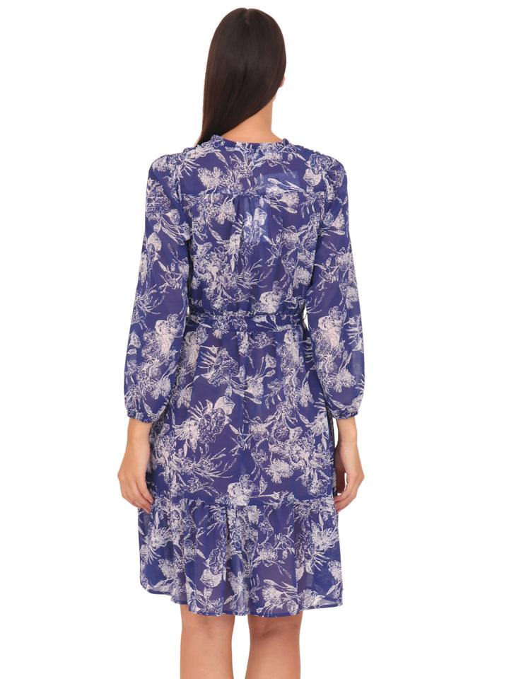 Vestido Cuello Redondo con Amarre, Manga Larga, Estampado