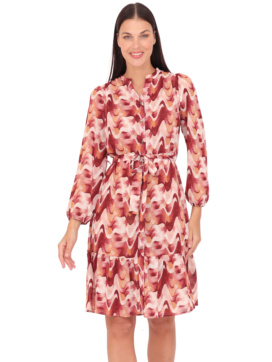 Vestido Cuello Redondo con Amarre, Manga Larga, Estampado