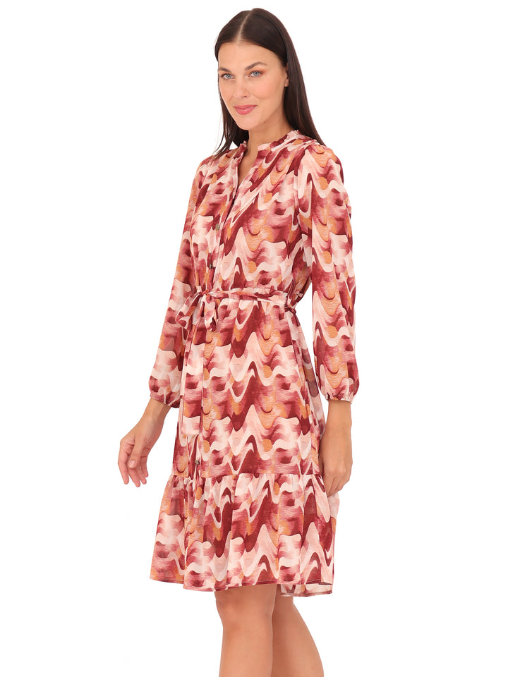Vestido Cuello Redondo con Amarre, Manga Larga, Estampado