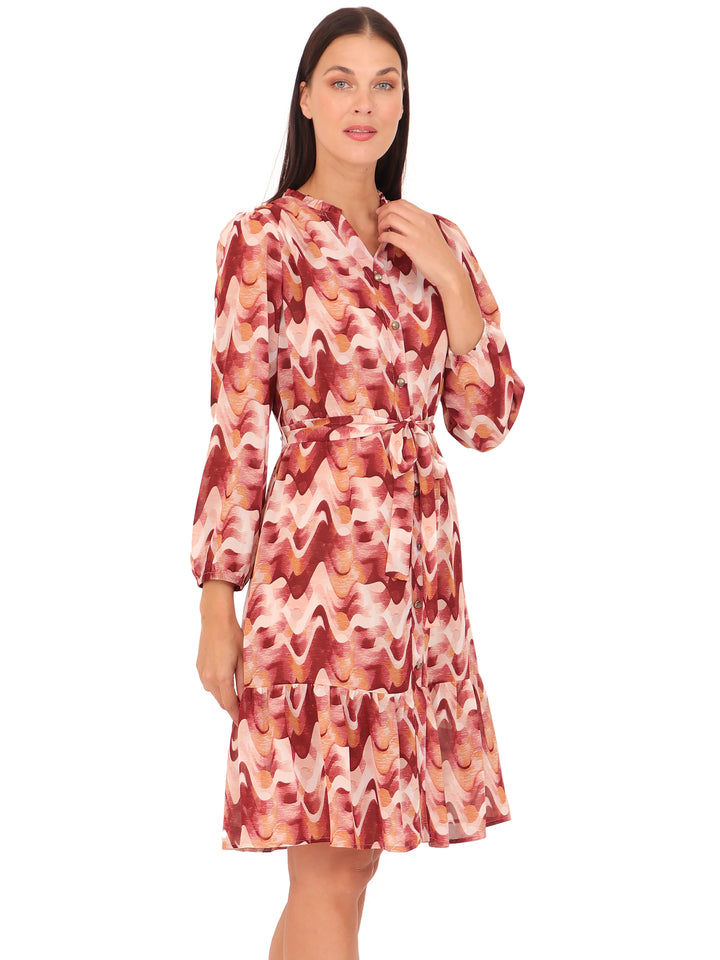 Vestido Cuello Redondo con Amarre, Manga Larga, Estampado