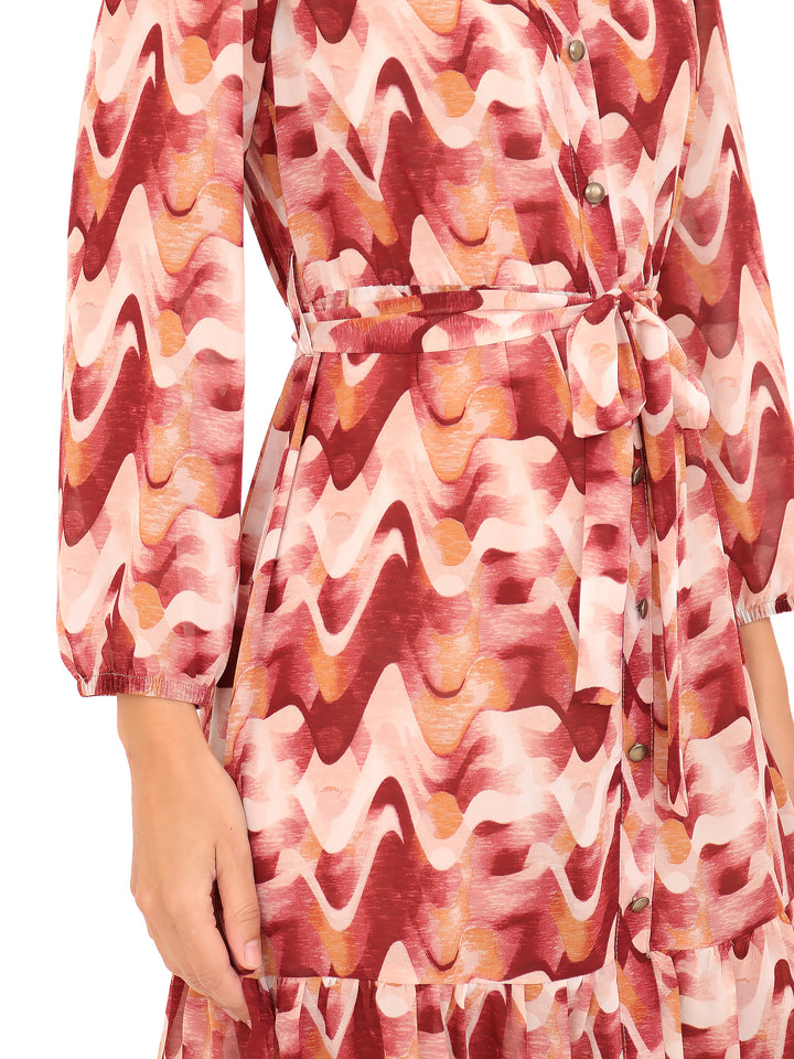 Vestido Cuello Redondo con Amarre, Manga Larga, Estampado