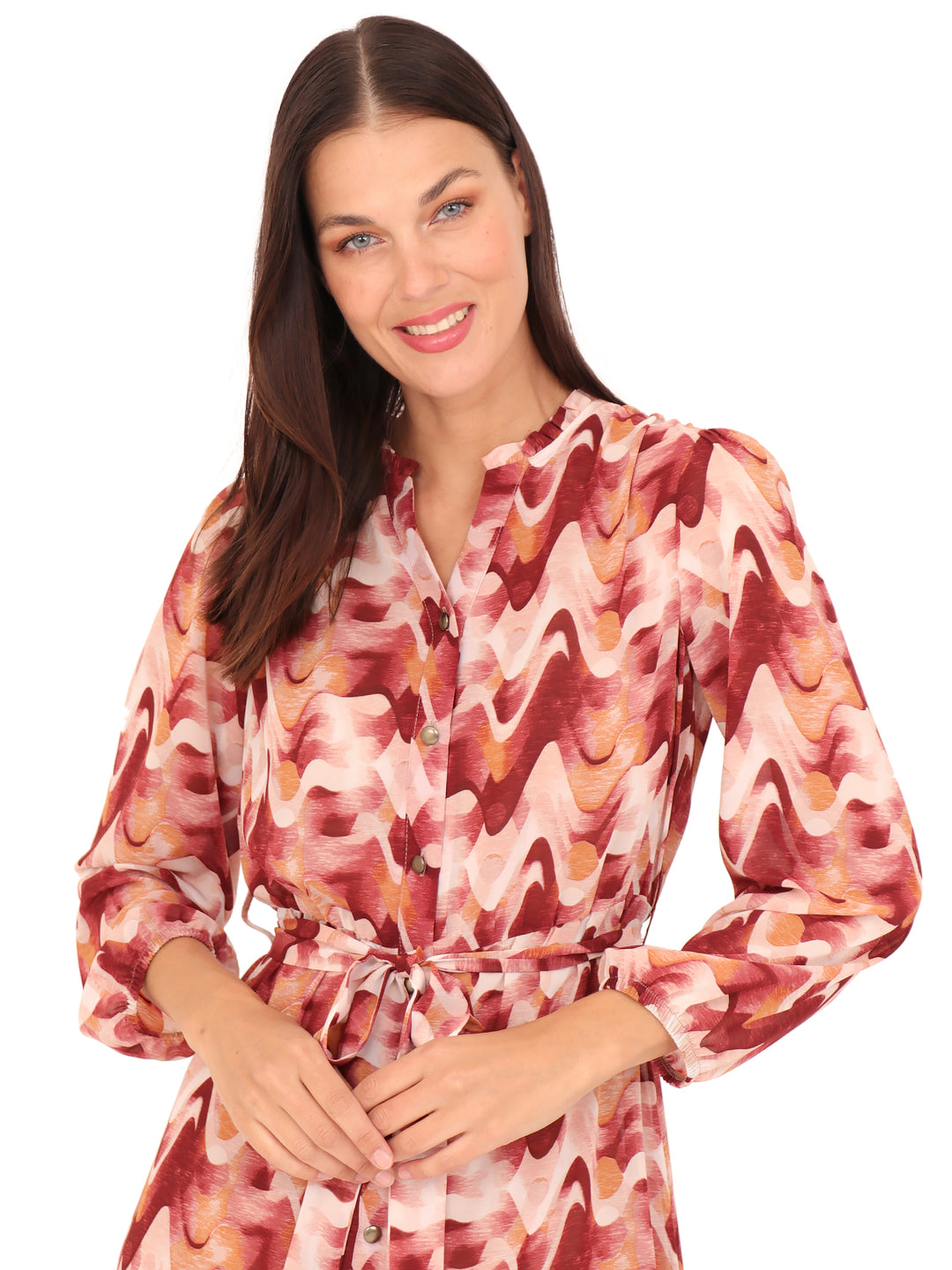 Vestido Cuello Redondo con Amarre, Manga Larga, Estampado