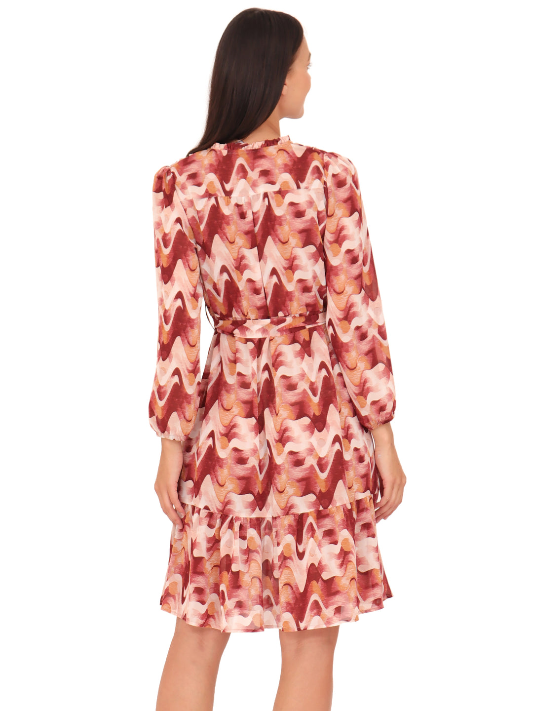 Vestido Cuello Redondo con Amarre, Manga Larga, Estampado