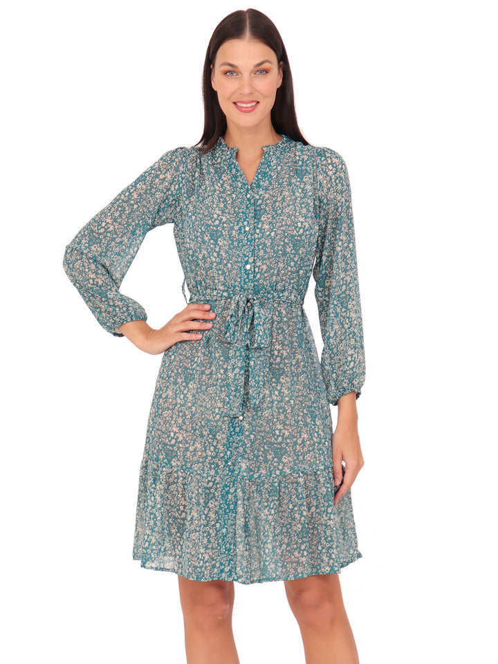 Vestido Cuello Redondo con Amarre, Manga Larga, Estampado