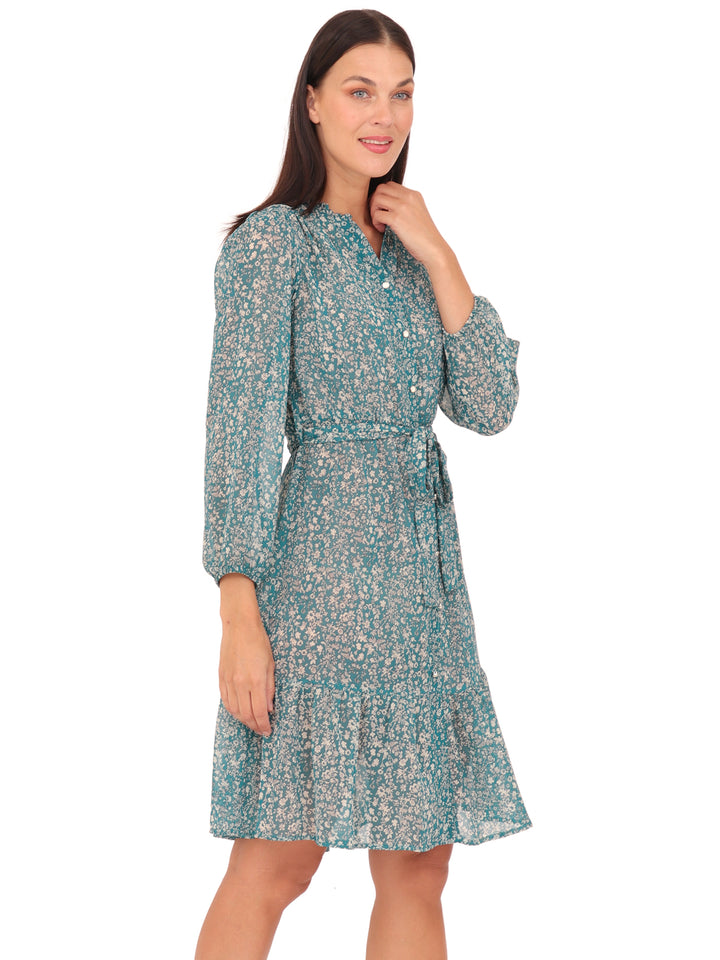 Vestido Cuello Redondo con Amarre, Manga Larga, Estampado