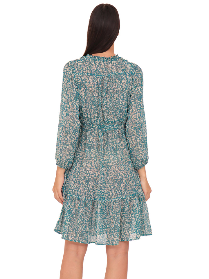 Vestido Cuello Redondo con Amarre, Manga Larga, Estampado