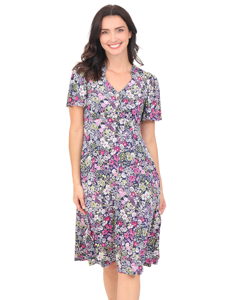 Vestido Cuello V , Manga Corta, Estampada