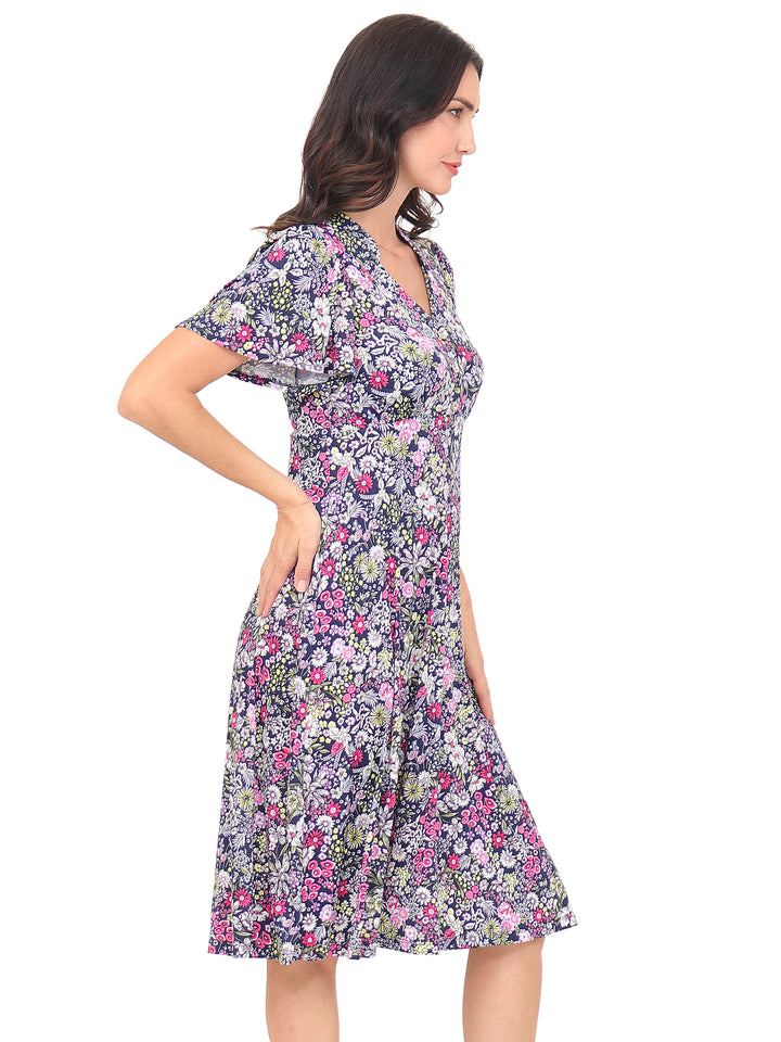 Vestido Cuello V , Manga Corta, Estampada
