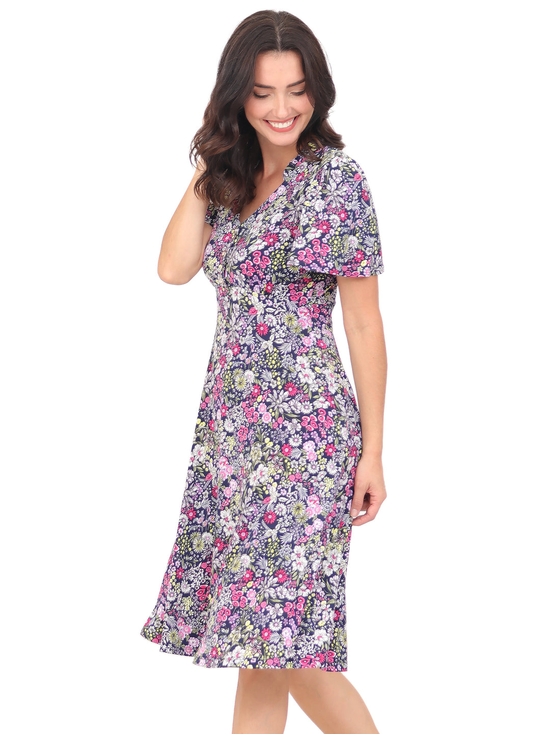 Vestido Cuello V , Manga Corta, Estampada
