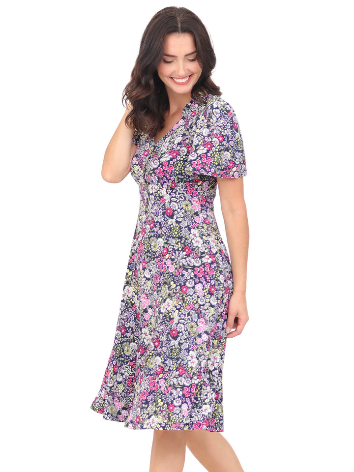 Vestido Cuello V , Manga Corta, Estampada