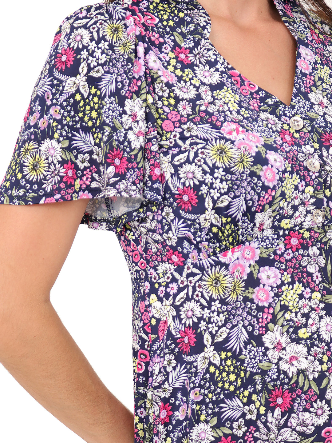 Vestido Cuello V , Manga Corta, Estampada