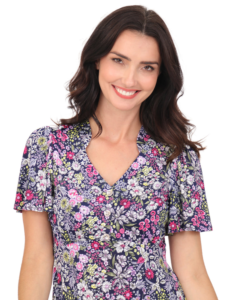 Vestido Cuello V , Manga Corta, Estampada