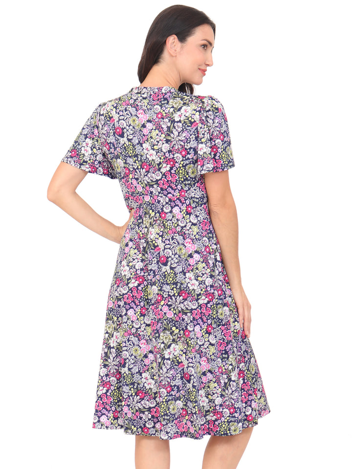 Vestido Cuello V , Manga Corta, Estampada