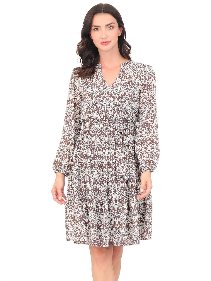 Vestido Cuello V, Manga Larga, con Amarre en la cintura, Estampado