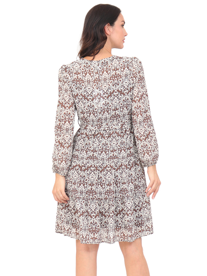 Vestido Cuello V, Manga Larga, con Amarre en la cintura, Estampado