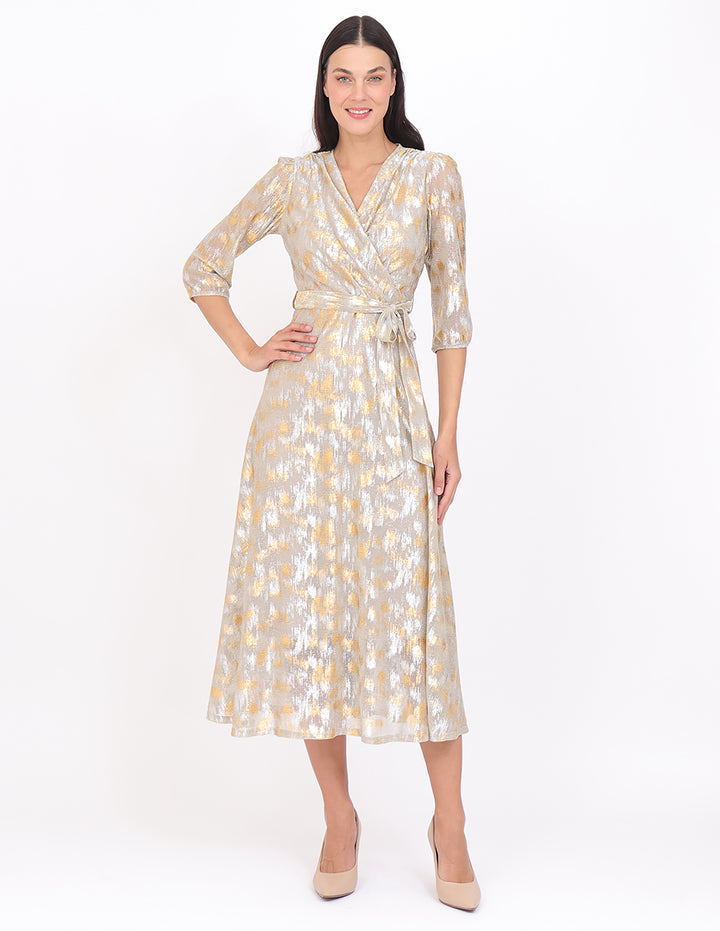 Vestido  Cruzado, Manga 3/4, Estampado Metalico