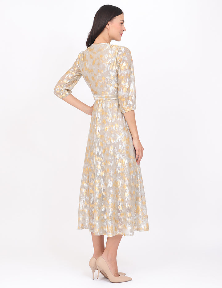 Vestido  Cruzado, Manga 3/4, Estampado Metalico