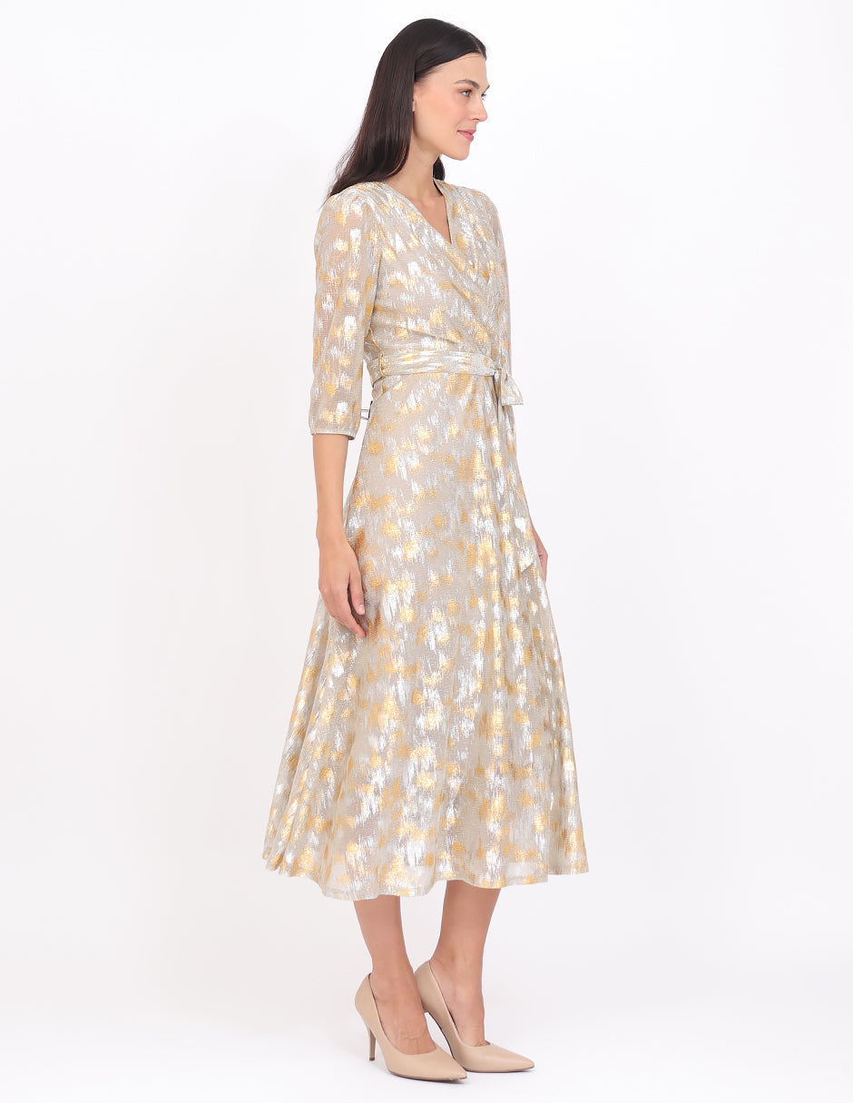 Vestido  Cruzado, Manga 3/4, Estampado Metalico
