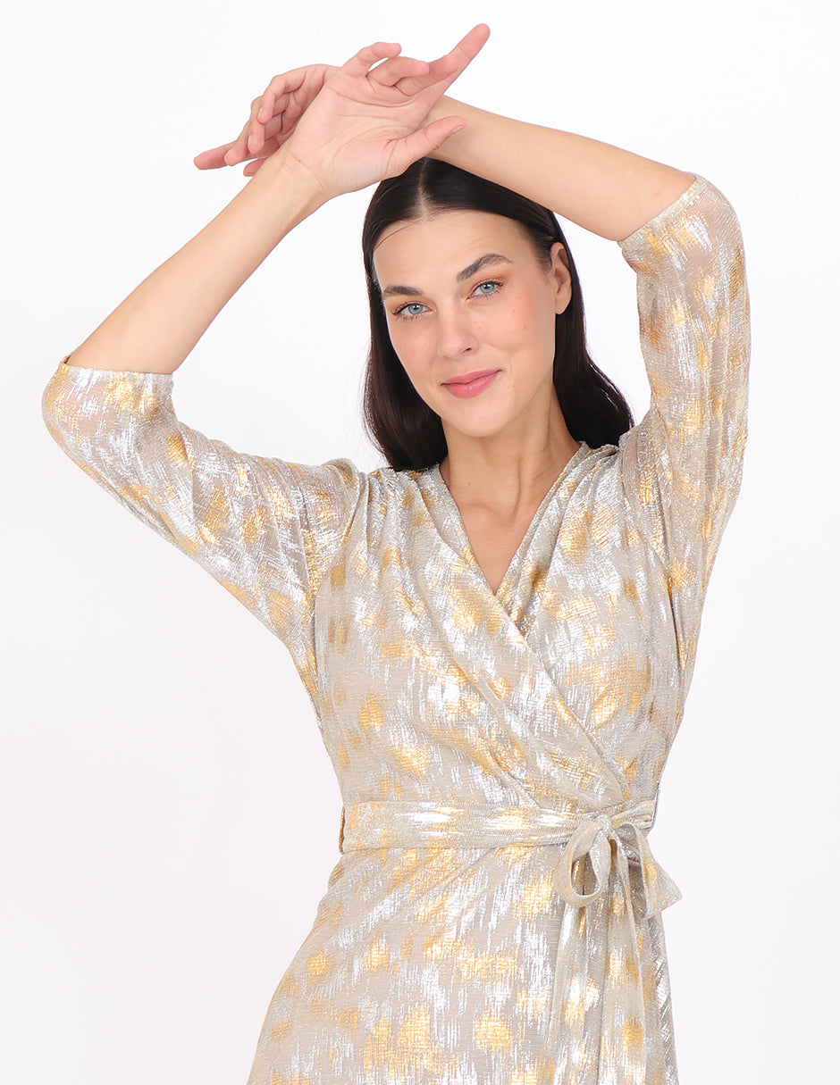 Vestido  Cruzado, Manga 3/4, Estampado Metalico