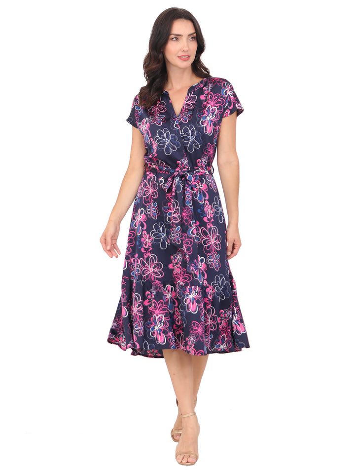 Vestido Cuello V, Manga Corta, con Amarre en la cintura, Estampado