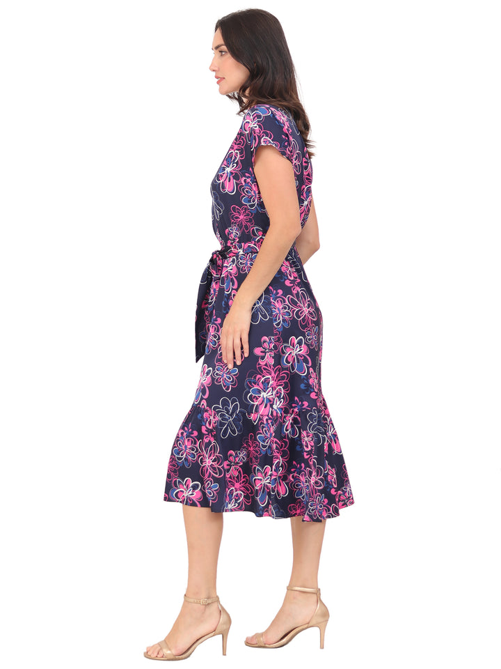 Vestido Cuello V, Manga Corta, con Amarre en la cintura, Estampado