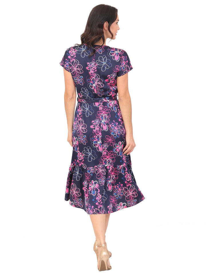 Vestido Cuello V, Manga Corta, con Amarre en la cintura, Estampado