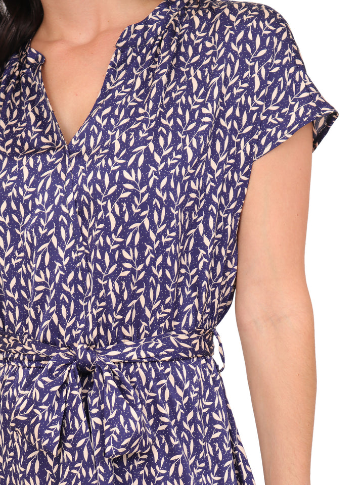 Vestido Cuello V, Manga Corta, con Amarre en la cintura, Estampado