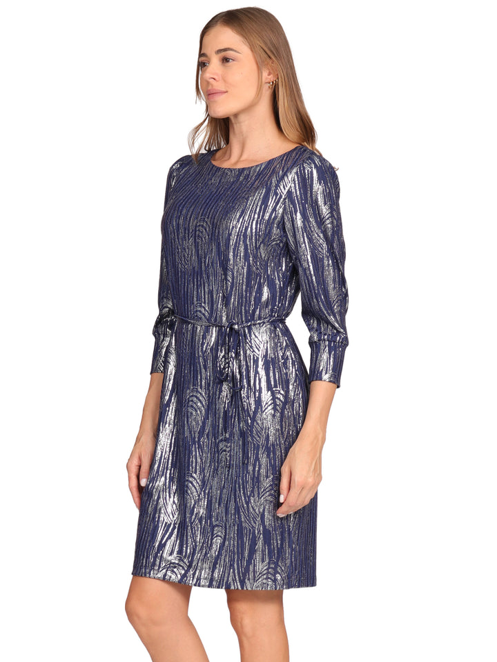 Vestido Cuello Redondo,  Manga 3/4, Amarre en la Cintura ,Estampado con Brillos